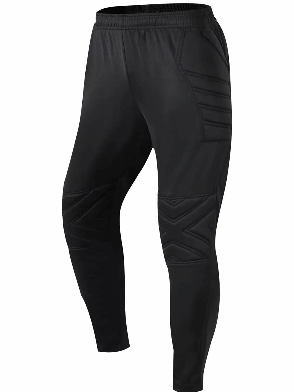 Black elastic waist men's training pants with padded protection for safety and comfort during workouts. Full-length polyester design.